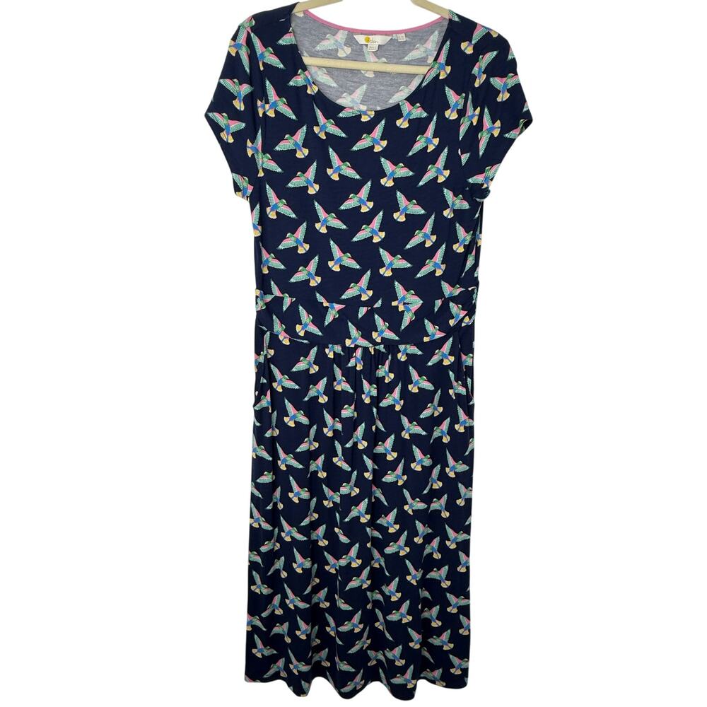 Boden Amelie Bird Print Jersey Dress Navy Short Sleeve Midi US 10L UK 14L